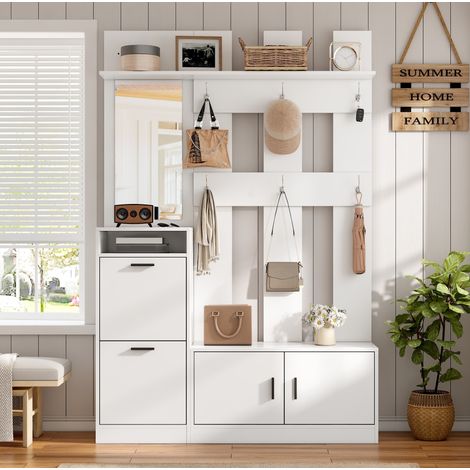 Mobile d'ingresso a parete con porta scarpe, specchio e 6 ganci, 120 x 30 x 180 cm, MDF bianco (1/5)