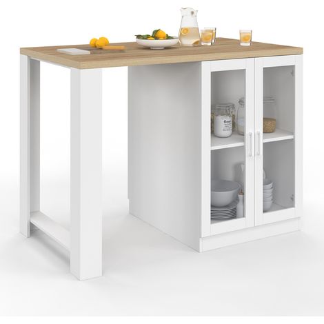 Idmarket – Îlot central LINO 120 cm – 2 personnes – Bois blanc et imitation hêtre – 2 placards avec portes vitrées – Plan de travail épais 3 cm (1/5)