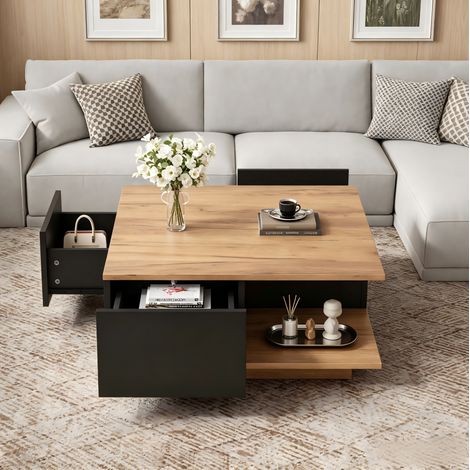 Tavolino da salotto quadrato 70 x 70 x 31,5 cm con 3 cassetti e vano aperto, nero e legno (1/5)