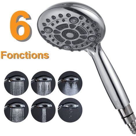 Pommeau de Douche Chromé Douchette à Main Rainshower 6 Jets aux Choix Pomme de Douche Picots Anticalaire Type Universel (1/5)