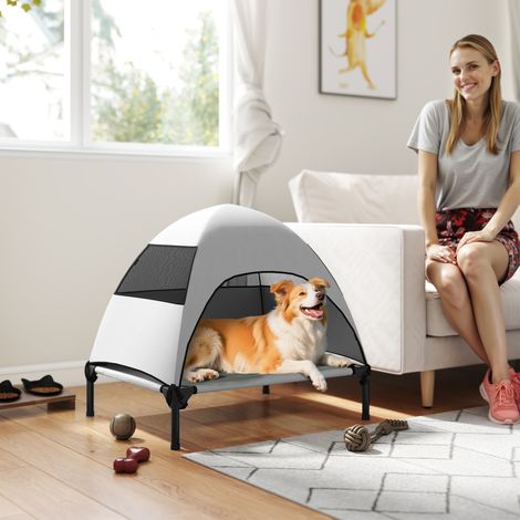 Cuccia da esterno con tettoia, cuccia rialzata per cani di taglia media, 76 x 61 x 71 cm, grigio chiaro (1/5)