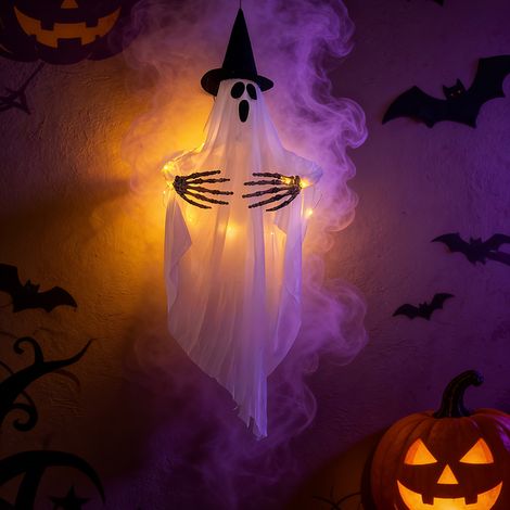 LED Hängedeko Halloween Hexenhut und Geist Leuchtend für Außenbereich 80x90 cm (1/5)