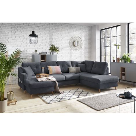 Bobochic – Canapé panoramique convertible coffre 5 places – Tissu chiné gris foncé – Longueur 300 cm – Style scandinave – Accueil moelleux (1/5)