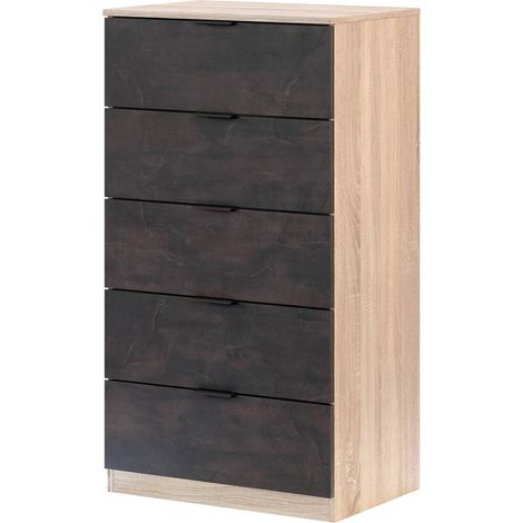Cassettiera Armenia, Settimanale a 5 cassetti, Mobile Comò per camera da letto, Settimanale moderno, 60x40h110 cm, Rovere e Antracite