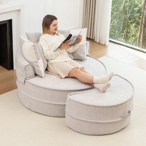 Sessel mit Ottomane Chenille Grau, rund, 121 cm, montagelos, mit 5 Kissen (1/5)