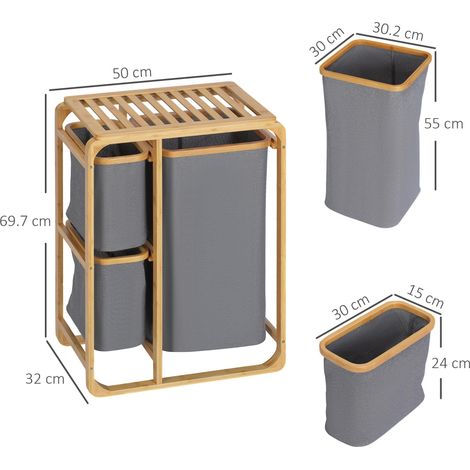 Panier à linge 3 compartiments en tissu et bambou, 50x32x69,7 cm, idéal pour trier facilement le linge avec style et compacité. (1/5)