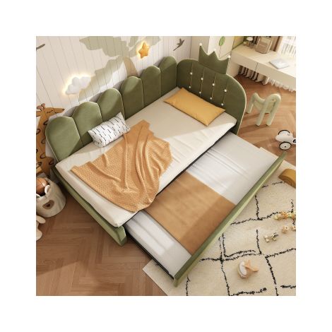 Canapé-lit 90x200 cm - avec lit gigogne 90x190 cm - comporte une décoration en forme de couronne - Velours - Vert (sans matelas)