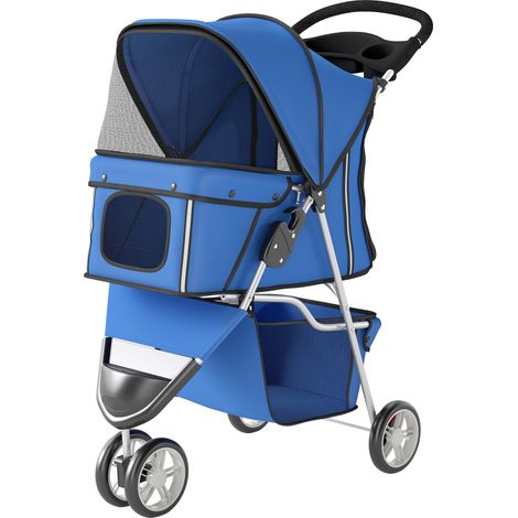 Chariot pour chien pliable jusqu'à 10kg, avec panier de rangement, coussin, fenêtres en maille, pour petits chiens, 77x44x102cm, bleu (1/5)