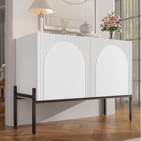 Buffet 100x40x75 cm blanc en panneaux de particules avec 2 portes, pieds en métal et design à arches (1/5)