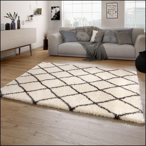 Paco Home Hochflor Teppich Wohnzimmer Shaggy Langflor Skandinavisches Rauten Muster Modern 80x150 cm, Creme 2