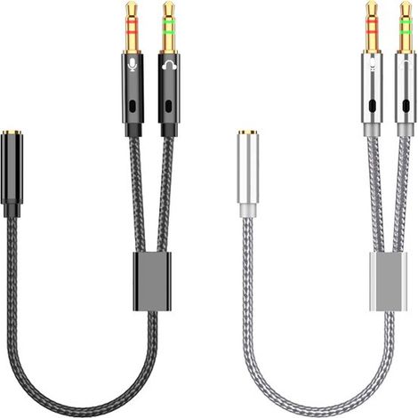 Divisor de auriculares de 2 piezas para ordenador, conector hembra de 3,5 mm a dos conectores macho de 3,5 mm, adaptador de audio en Y, cable divisor con cable trenzado de nailon para PC (negro, plate (1/3)
