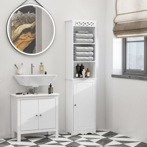 Armoire en MDF blanc 40x23x160cm - de salle de bain tour 3 étagères réglables sur 3 niveaux et 1 grande poignée inférieure sur la porte