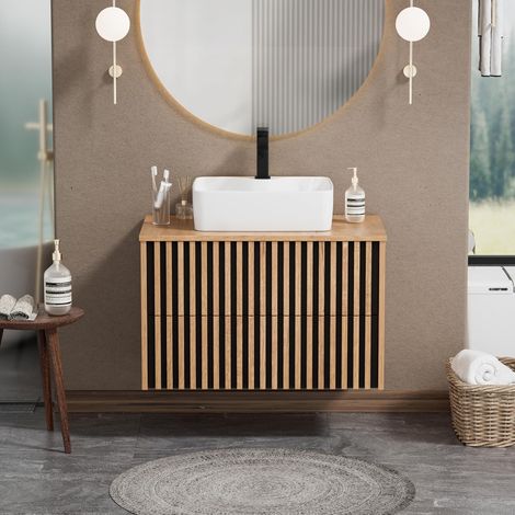 UEV Meuble Salle de Bain, Meuble Suspendu 81cm avec Vasque à Poser, Lavabo en Céramique, Deux Tiroirs avec Grand Espace de Rangement, Motif de Ligne, 81 x 46 x 52 cm, Naturel (1/5)