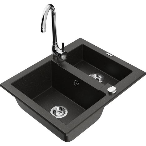 Mexen Carlos lavello in granito 1,5 vasche con miscelatore da cucina Telma, nero/oro metallizzato - 6518-75-670200-00 (1/5)