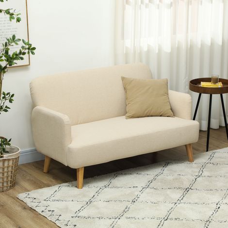 Canapé deux places en velours blanc crème, petit divan avec accoudoirs, rembourrage moelleux, pieds bois, 130x74x79 cm, pour salon ou chambre