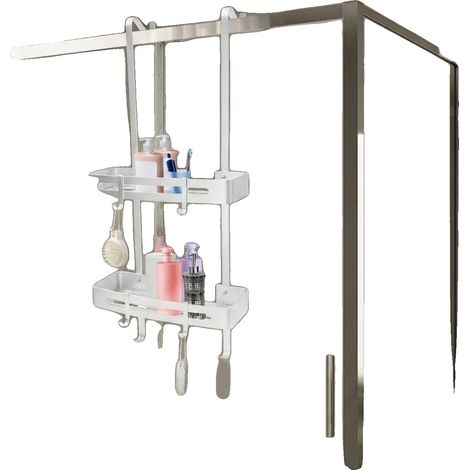 Estante colgante para ducha, para colgar sobre la puerta, organizador de 2 niveles, color plata. (1/5)