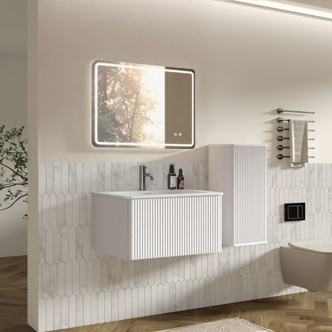 Ensemble meuble salle de bain vasque miroir LED, meuble bas suspendu 60 cm, miroir carré, colonne latérale, coloris blanc (1/5)