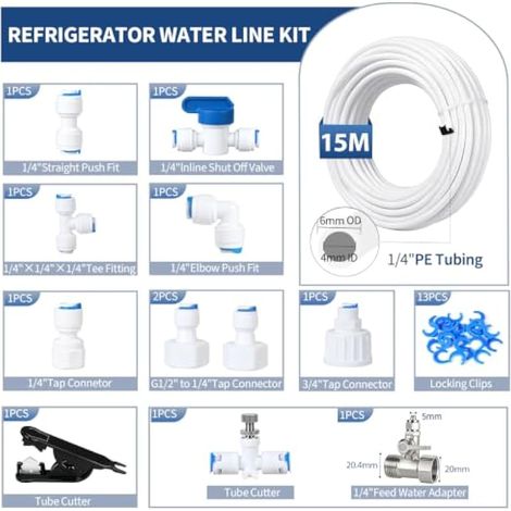 Kit de tuyau d'alimentation en eau universel pour réfrigérateur américain de 15 m, 1/4 pouce (1/3)