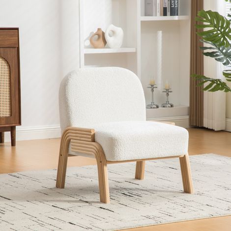 Poltrona da soggiorno scandinava in ciniglia, con gambe in legno massello, design moderno, avorio (1/5)