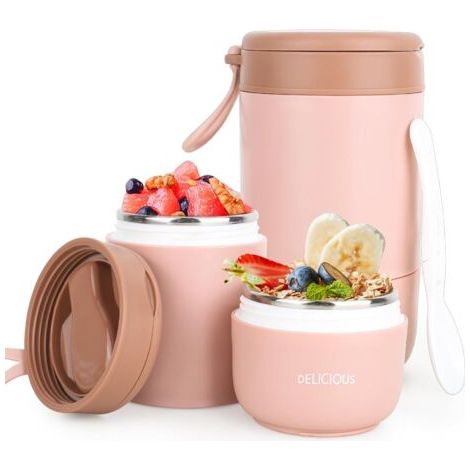 Gobelet à Céréales à Emporter, Céréales Yaourt Boite, 300ML+430ML Gobelet de Yaourt, Gobelet à Céréales en Acier Inoxydable, Double Gobelet de Petit-déjeuner pour Ecole Bureau Camping(Rose) (1/5)