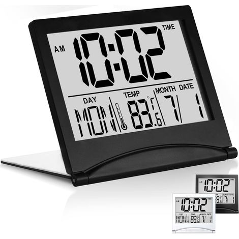 Réveil de voyage numérique - Pliable - Horloge LCD avec affichage de la température et minuteur, fonction snooze - Grand affichage numérique, horloge de bureau compacte pour tous les âges (Noir) (1/5)