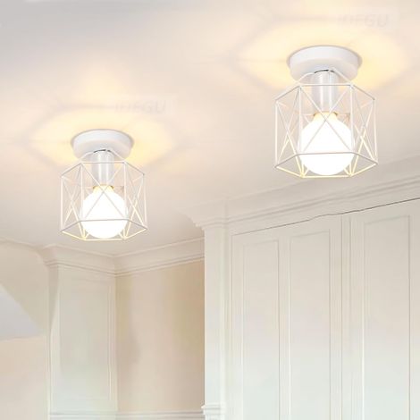Lot de 2 Plafonnier Industrielle en Métal Cage Carré, 14CM Lustre Abat-jour Fer Luminaire E27  Lampe de Plafond pour Salon Chambre Bar, Blanc (Hexagone) [Classe énergétique A]