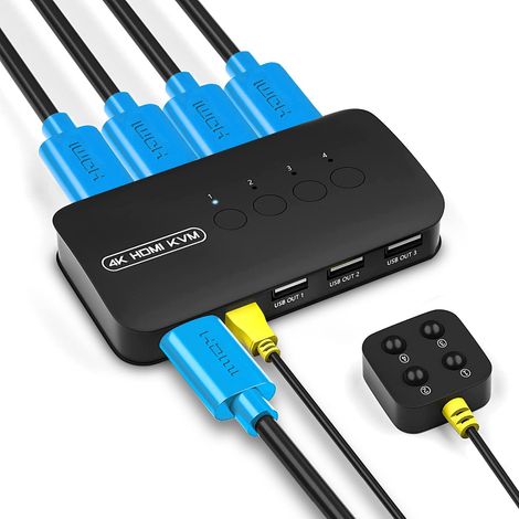 Switch pour 4 PC, Commutateur KVM HDMI et USB, Partageant Moniteur 4K et 3 USB Device, 4 Câbles KVM Inclus (1/5)