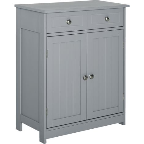 Kleankin – Meuble bas de salle de bain sur pied 2 portes – Étagère réglable – 2 tiroirs en MDF gris – Dimensions 60L x 30P x 75H cm