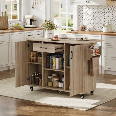 Desserte cuisine sur roulettes, îlot avec plan rabattable, rangement tiroir placard, aspect chêne 120x43,5x92,9cm - naturel (1/5)