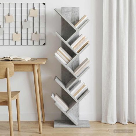 Étagère bibliothèque en forme d’arbre, 6 niveaux, bois gris béton, 30 x 18 x 100 cm - PANGIVO (1/5)