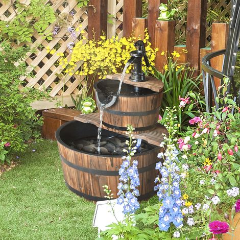 Springbrunnen aus Holz Outdoor Gartenbrunnen Dekorationsbecken Ornamenten Pumpe Zimmerbrunnen Wasserspiel Brunnen für Garten Terrasse Rasen 44,5 x 44,5 x 58,5 cm Dunkelbraun