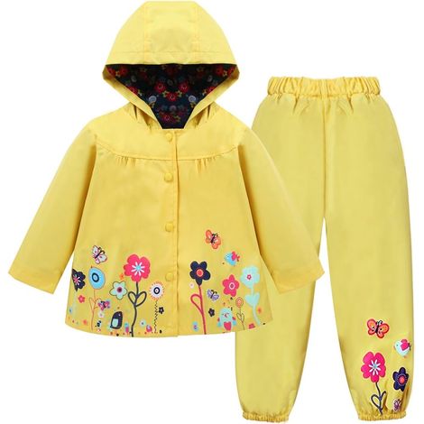 Ensemble imperméable jaune pour petites filles, veste et pantalon à capuche. (1/5)
