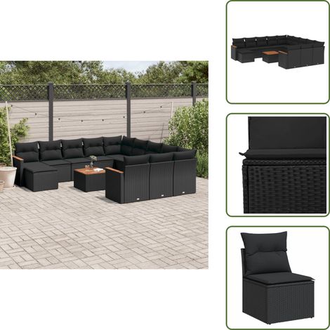 Salon de jardin avec coussins 13 pcs noir résine tressée - Ensemble Salon De Jardin - Mobilier De Jardin - Canapé Extérieur - Chaise Extérieure - Table Basse Jardin (1/5)