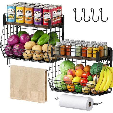 Lot de 2 étagères à épices magnétiques pour réfrigérateur avec porte-rouleau d'essuie-tout, corbeille à fruits avec 4 crochets pour le rangement et l'organisation de la cuisine, étagère magnétique (1/5)