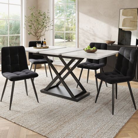 Conjunto de Mesa y 4 Sillas de Comedor, Mesa Extensible, en MDF Metal Terciopelo, Blanco Negro (1/3)