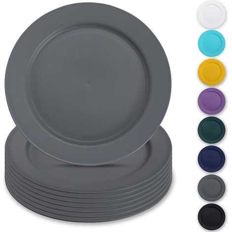 Graues 8-teiliges Kunststoffteller-Set, 25 cm, wiederverwendbare flache Teller, Salatteller, Pastaschüsseln, leicht zu transportierendes Geschirr für Zuhause, Garten, Picknicks, Camping und Outdoor-Ak (1/5)