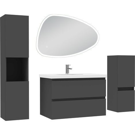 Acezanble ensemble meubles Salle de Bain 80cm vasque + colonne + miroir 3 couleurs lumineux Anthracite (1/5)