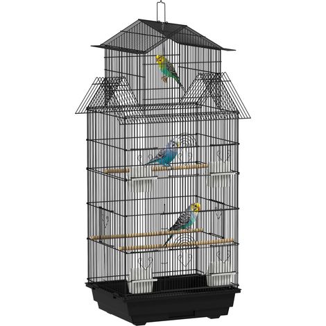 Cage à oiseaux volière avec balançoire poignée portable 4 mangeoires 3 perchoirs 50,5 x 41 x 104 cm en acier noir