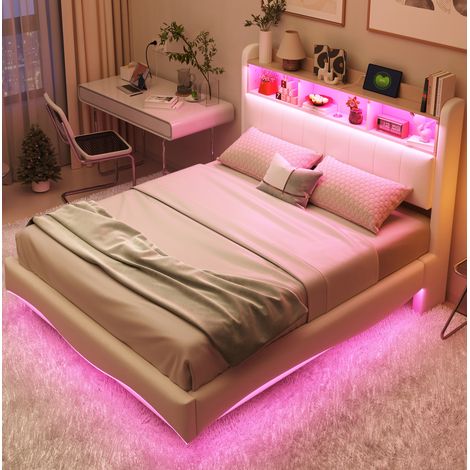 Lit 140x200 LED USB, rangement tête de lit, beige HAVRYA (1/5)