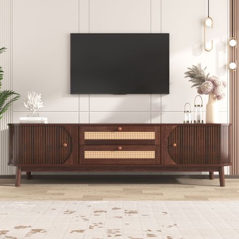 Meuble TV, Meuble tele 170 cm en bois avec cannage rotin, meuble télévision avec portes coulissantes et tiroirs, meuble TV style bohème naturel, meuble bas salon rangement