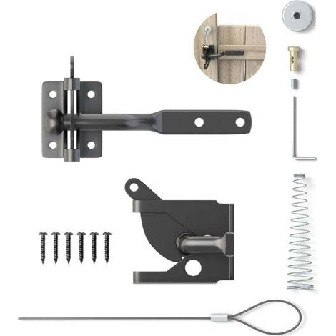 Serrure automatique pour portail – Mécanisme de fermeture gravitationnelle en acier noir, kit de 6 vis de fixation inclus, adapté aux clôtures et portails de jardin