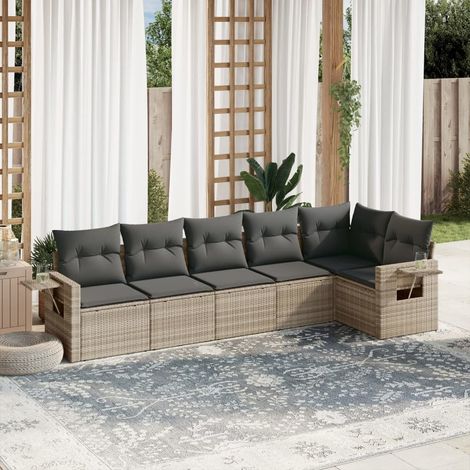 6-tlg. Garten-Sofagarnitur mit Kissen Hellgrau Poly Rattan (1/3)