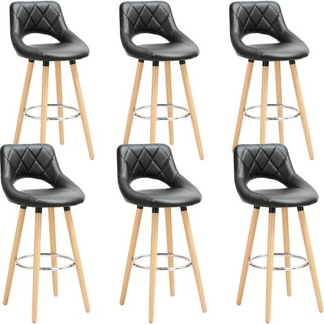 WOLTU Lot de 6 Tabouret de bar, en Cuir synthétique et bois massif avec dossier et repose-pieds, 43x43x91cm, Noir (1/5)