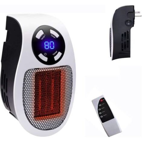 Réchauffeur d'espace 500 W, radiateur électrique à prise murale comme on le voit à la télévision avec thermostat et minuterie réglables et affichage à LED, compact pour le dortoir de bureau. (1/5)