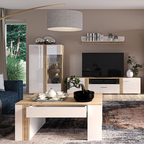 Wohnwand Set modern in Eiche Nb. AKRON-131 mit Fronten in Hochglanz weiß 4-teilig inkl. Couchtisch (1/5)