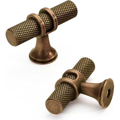 CYRILL – Lot de 10 boutons de meuble en laiton vieilli en forme de T - 50 mm - Boutons de porte moletés - Boutons de commode vintage - Pour armoires, commode, armoire, porte (1/4)