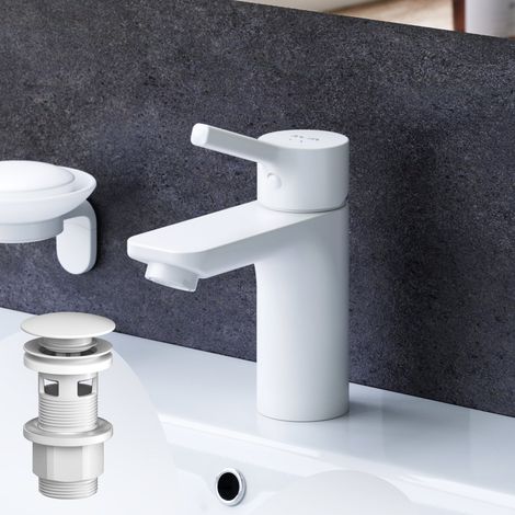 AM.PM Wasserhahn Bad Wasserhahn mit Klick-Ablaufgarnitur Waschtischarmatur Ablaufgarnitur Waschbecken Waschbeckenarmatur Spültisch Armatur , Weiss (1/5)