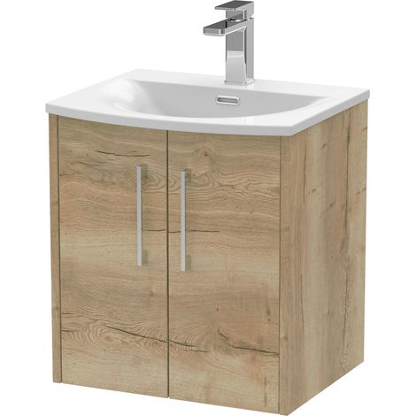 Winshill Contemporary 2 Door Wall Hung Vanity Unit with Curved Basin, Light Oak, 500mm (1/4)