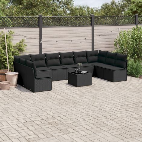 11-tlg. Garten-Sofagarnitur mit Kissen Schwarz Poly Rattan (1/3)