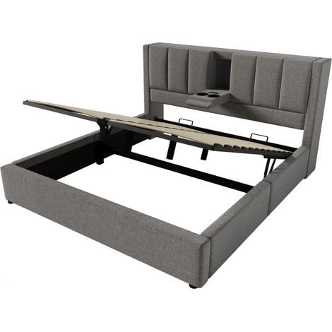 Lit coffre 160x200 cm avec prise USB et porte-gobelets cachés, gris, avec sommier (1/5)